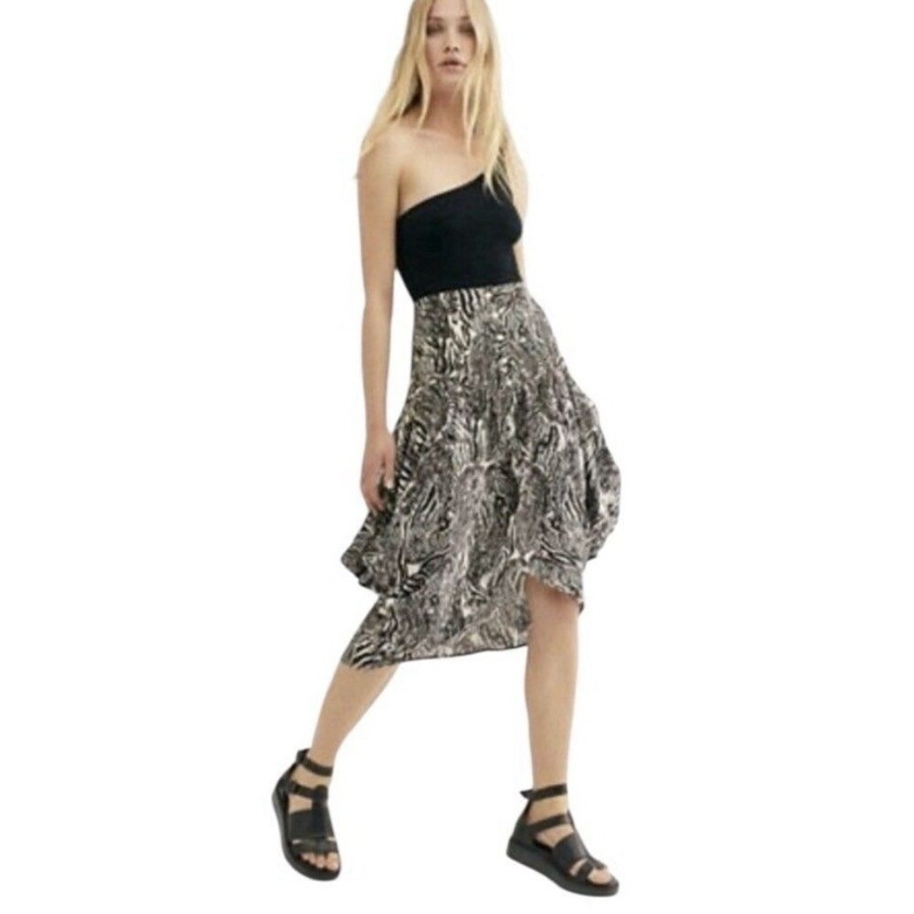Free People Womens Skirt Sz 2 Black White Zebra Print Asymmetrical Midi High Low